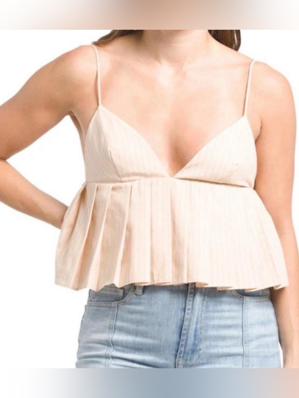 Zara Pleated Cream Spaghetti Strap Cropped Top Size US XL